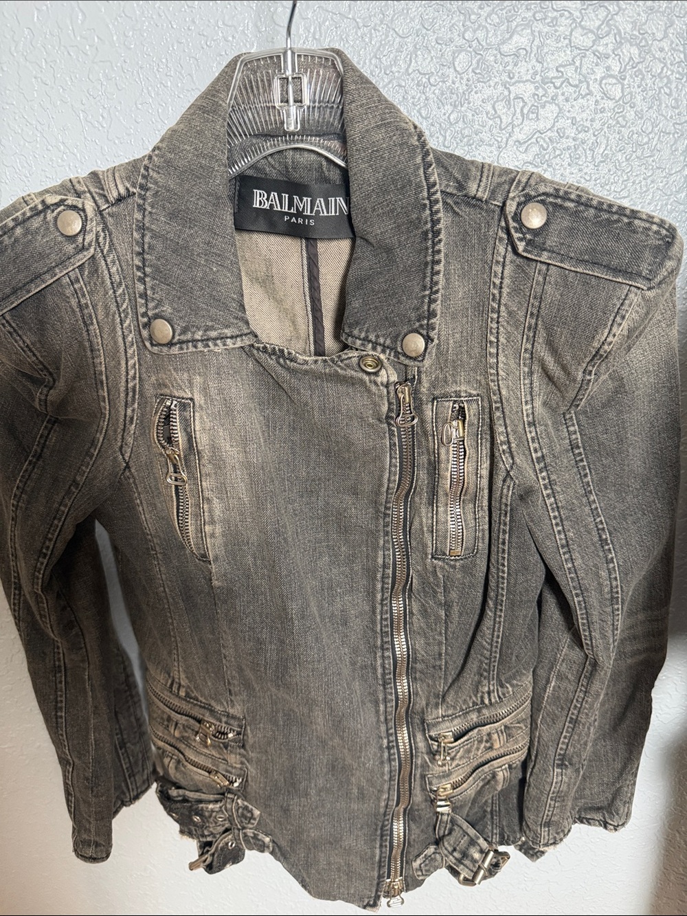 Balmain Gray Washed Denim Moto Jacket